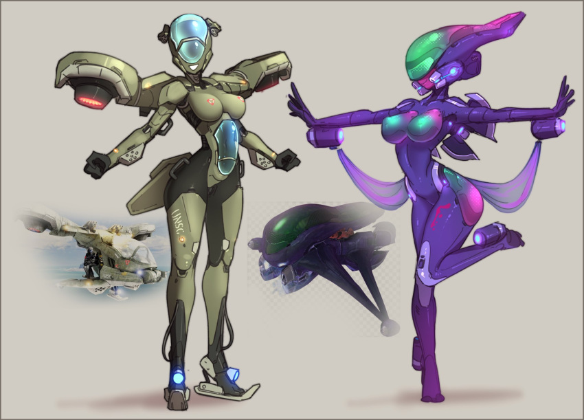 2girls arm_cannon armor assault_visor av-14_hornet banshee_(halo) breasts cockpit colored_skin commentary english_commentary full_body glowing_nipples green_skin halo_(series) halo_3 helmet highres justrube large_breasts mecha_musume metal_skin multiple_girls neon_trim no_eyes outstretched_arms personification power_armor purple_skin reference_inset skin_tight thrusters weapon