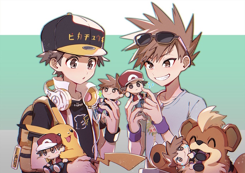 2boys backpack bag baseball_cap black_headwear black_shirt blue_oak brown_eyes brown_hair character_doll character_print commentary_request doll green_background grey_shirt grin growlithe hat headphones holding holding_doll holding_pokemon huan_li jacket jewelry label male_focus mouth_hold multiple_boys necklace pikachu pokemon pokemon_(creature) pokemon_frlg red_(pokemon) shirt short_hair smile spiked_hair t-shirt teeth wristband