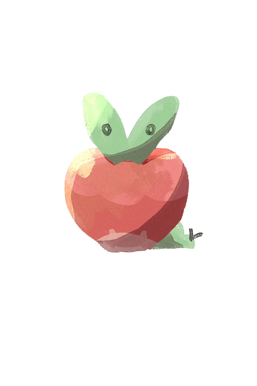 apple applin aru_(citrine_drplt) bad_id bad_twitter_id black_eyes food food_focus fruit full_body highres looking_at_viewer no_humans pokemon pokemon_(creature) simple_background solo white_background