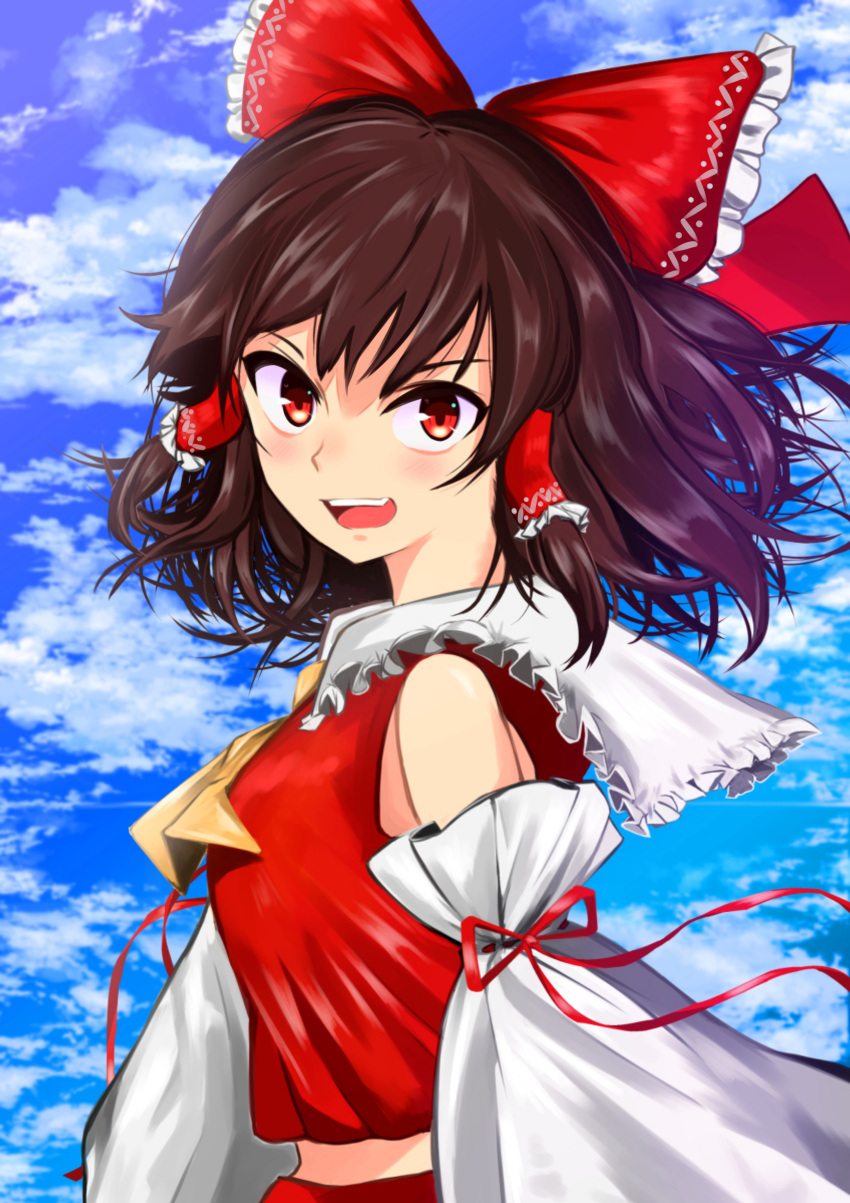 absurdres ascot bare_shoulders bow breasts brown_hair cloud cloudy_sky collared_shirt commentary crop_top detached_sleeves female frilled_bow frills hair_tubes hairbow hakurei_reimu highres large_bow looking_at_viewer medium_breasts medium_hair midriff_peek open_mouth red_bow red_eyes red_ribbon red_shirt ribbon sen_(daydream_53) shirt sidelocks sky sleeve_ribbon sleeveless sleeveless_shirt solo teeth touhou upper_teeth_only wide_sleeves yellow_ascot