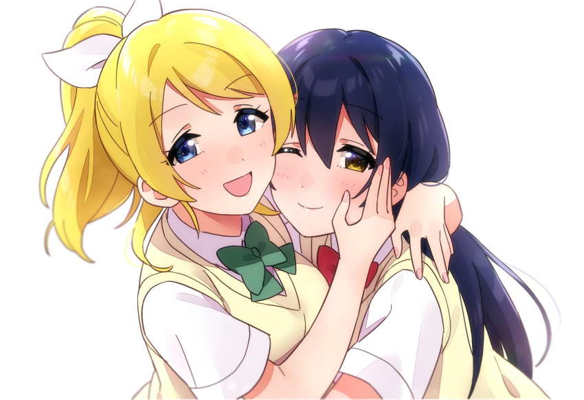 2girls ayase_eli blonde_hair blue_eyes blue_hair blush commentary_request hair_ribbon hand_on_another's_cheek hand_on_another's_face highres hug long_hair looking_at_viewer love_live! love_live!_school_idol_project multiple_girls nanatsu_no_umi one_eye_closed open_mouth otonokizaka_school_uniform ponytail ribbon school_uniform shirt simple_background smile sonoda_umi swept_bangs white_background white_shirt yellow_eyes