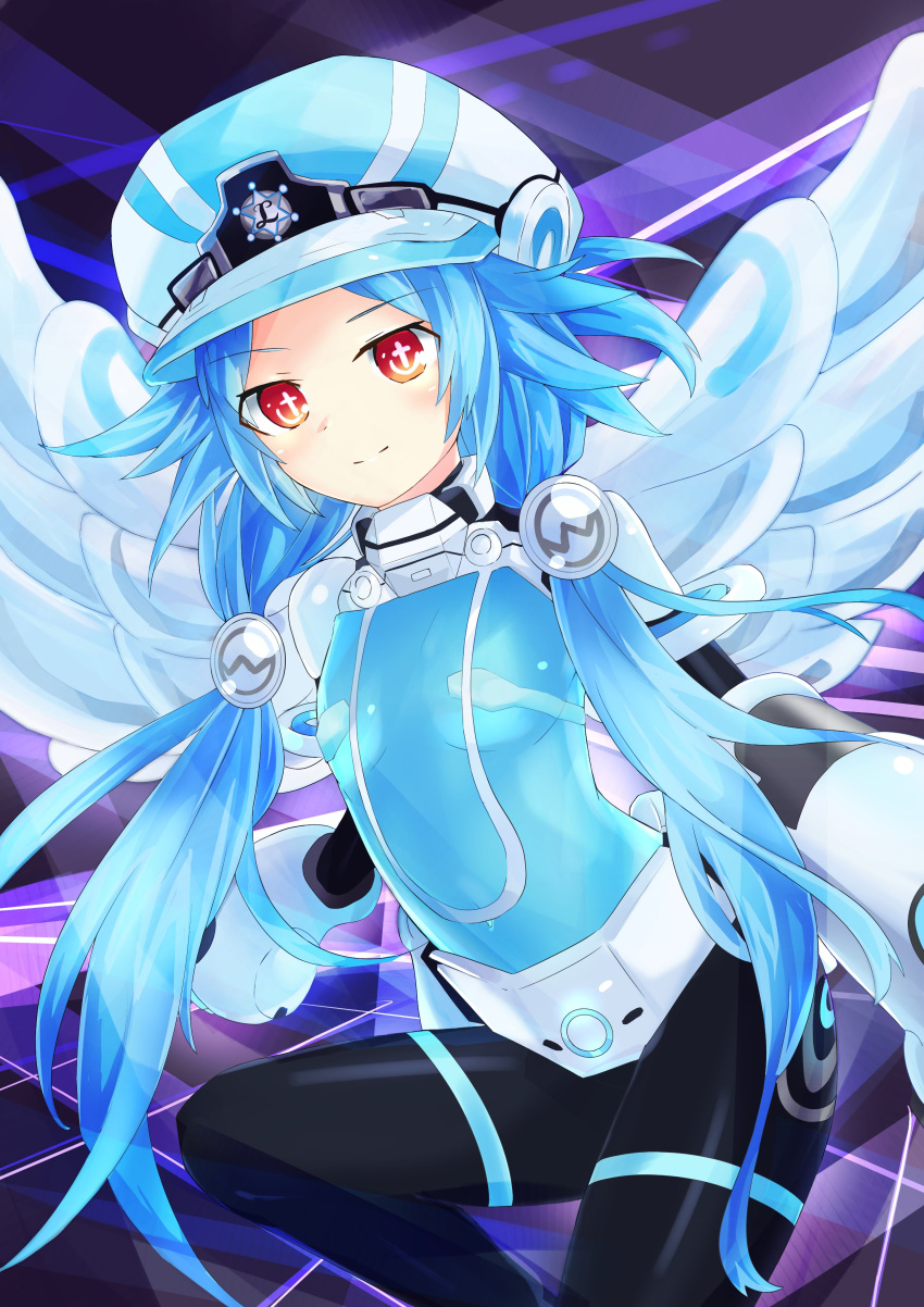 absurdres bad_id bad_twitter_id blue_hair bodysuit breasts commentary covered_navel feathers female flat_chest gauntlets hair_ornament hat highres long_hair looking_at_viewer neptune_(series) next_white orange_eyes shibuminigai shin_jigen_game_neptune_vii sidelocks smile solo symbol-only_commentary symbol-shaped_pupils white_heart_(neptunia)