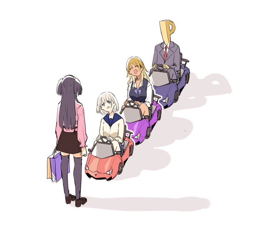 1boy 3girls :d ^_^ bag black_hair black_legwear black_skirt blonde_hair blue_eyes car closed_eyes facing_another formal grey_suit head_tilt highres idolmaster idolmaster_shiny_colors izumi_mei lamborghini long_hair long_sleeves looking_at_another mayuzumi_fuyuko motor_vehicle multiple_girls open_mouth orihi_chihiro p-head_producer paper_bag parody pink_shirt producer_(idolmaster) serizawa_asahi shadow shirt short_hair simple_background sitting skirt smile sports_car standing straylight_(idolmaster) suit tank_man thighhighs tiananmen_square toy_car two_side_up white_background white_hair