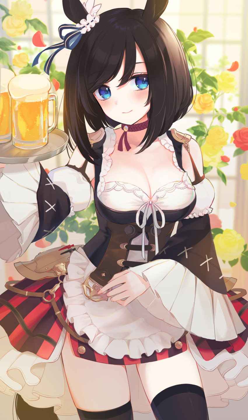 animal_ears beer_mug black_hair blue_eyes blush bob_cut bodice breasts choker cleavage closed_mouth cup detached_sleeves dirndl ear_scrunchie eishin_flash_(umamusume) female frilled_sleeves frills german_clothes highres holding holding_tray horse_ears horse_girl horse_tail kkokko looking_at_viewer medium_breasts medium_hair miniskirt mug oktoberfest red_choker red_skirt scrunchie skirt smile solo swept_bangs tail thighhighs tray umamusume underbust white_scrunchie white_thighhighs wide_sleeves