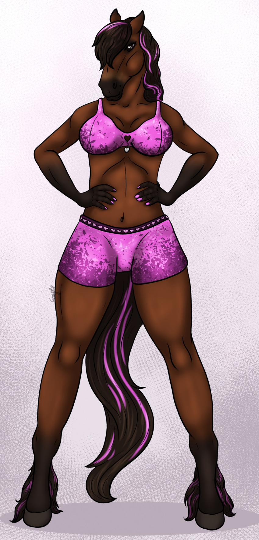 2023 5_fingers absurd_res anthro bottomwear bra breasts brown_body brown_hair brown_mane brown_tail clothing colored_nails digital_media_(artwork) dreki_(skuggamul) equid equine feathering female fingers fur gayletrotter hair hands_on_hips hi_res highlights_(coloring) hooves horse hotpants mammal mane nails navel shorts simple_background solo spread_legs spreading standing tail underwear