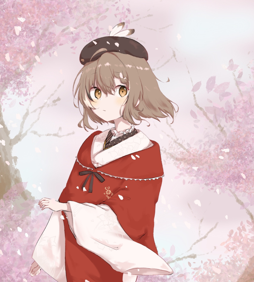 bad_id bad_twitter_id beret brown_eyes brown_hair cherry_blossoms embroidery feathers female floating_hair floral_print hat highres hololive hololive_english japanese_clothes kimono looking_at_viewer multicolored_hair nanashi_mumei nanashi_mumei_(new_year) official_alternate_costume pink_background print_kimono red_shawl rei931218 shawl short_hair small_hands solo streaked_hair virtual_youtuber white_kimono wide_sleeves wind wind_lift