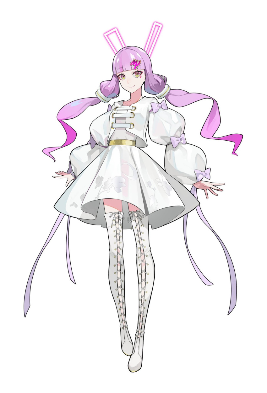 blunt_bangs boots bow bowtie commentary cross-laced_footwear dress facial_tattoo female full_body hair_ornament hair_tubes hairclip highres lace-up_boots lam_(ramdayo) long_hair long_sleeves looking_at_viewer official_art puffy_long_sleeves puffy_sleeves purple_bow purple_eyes purple_hair purple_ribbon rabbit_tattoo ribbon simple_background smile solo standing tachi-e tattoo thigh_boots thighhighs twintails vocaloid voiceroid white_background white_dress white_footwear white_theme white_thighhighs yuzuki_yukari yuzuki_yukari_(mu)