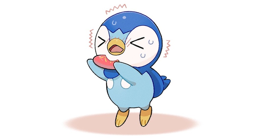 >_< blush closed_eyes commentary_request eating full_body holding no_humans official_art open_mouth piplup poffin pokemon pokemon_(creature) project_pochama solo spicy sweat tiptoes toes tongue trembling white_background