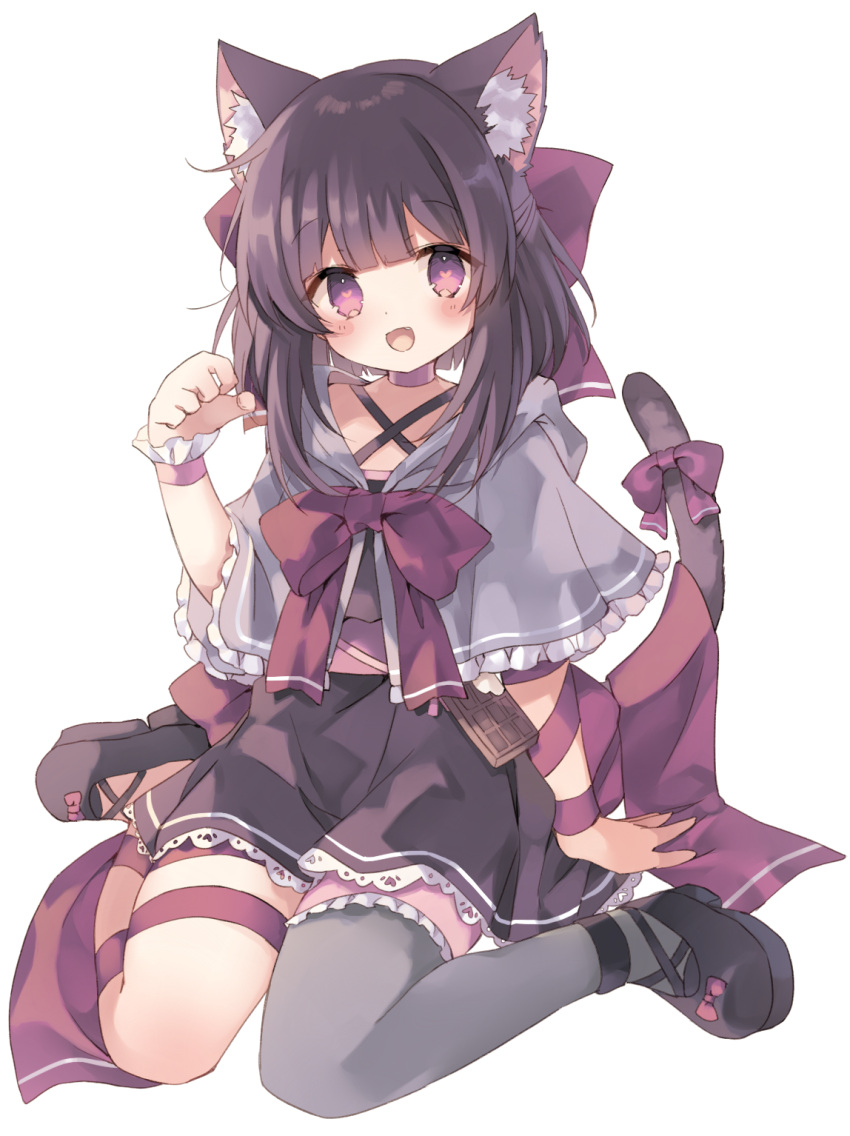 :d animal_ears arm_ribbon black_dress black_footwear blush bow brown_hair cape capelet cat_ears cat_tail chocolate choker cloak commentary_request commission commissioner_upload criss-cross_halter dress fallenshadow female food-themed_clothes food-themed_ornament frilled_dress frilled_thighhighs frills full_body grey_cape grey_capelet grey_thighhighs hairbow halterneck hand_on_floor hand_up happy heart heart-shaped_pupils highres indie_virtual_youtuber knees_together_feet_apart leg_ribbon legs looking_at_viewer medium_hair oerba_yun_fang on_floor open_mouth paw_pose petite pink_bow pink_choker pink_eyes pink_ribbon rento_(rukeai) ribbon ribbon_choker short_dress sidelocks single_thighhigh single_wrist_cuff sitting skeb_commission smile solo symbol-shaped_pupils tail tail_ornament tail_ribbon thighhighs virtual_youtuber waist_bow white_background wrist_cuffs