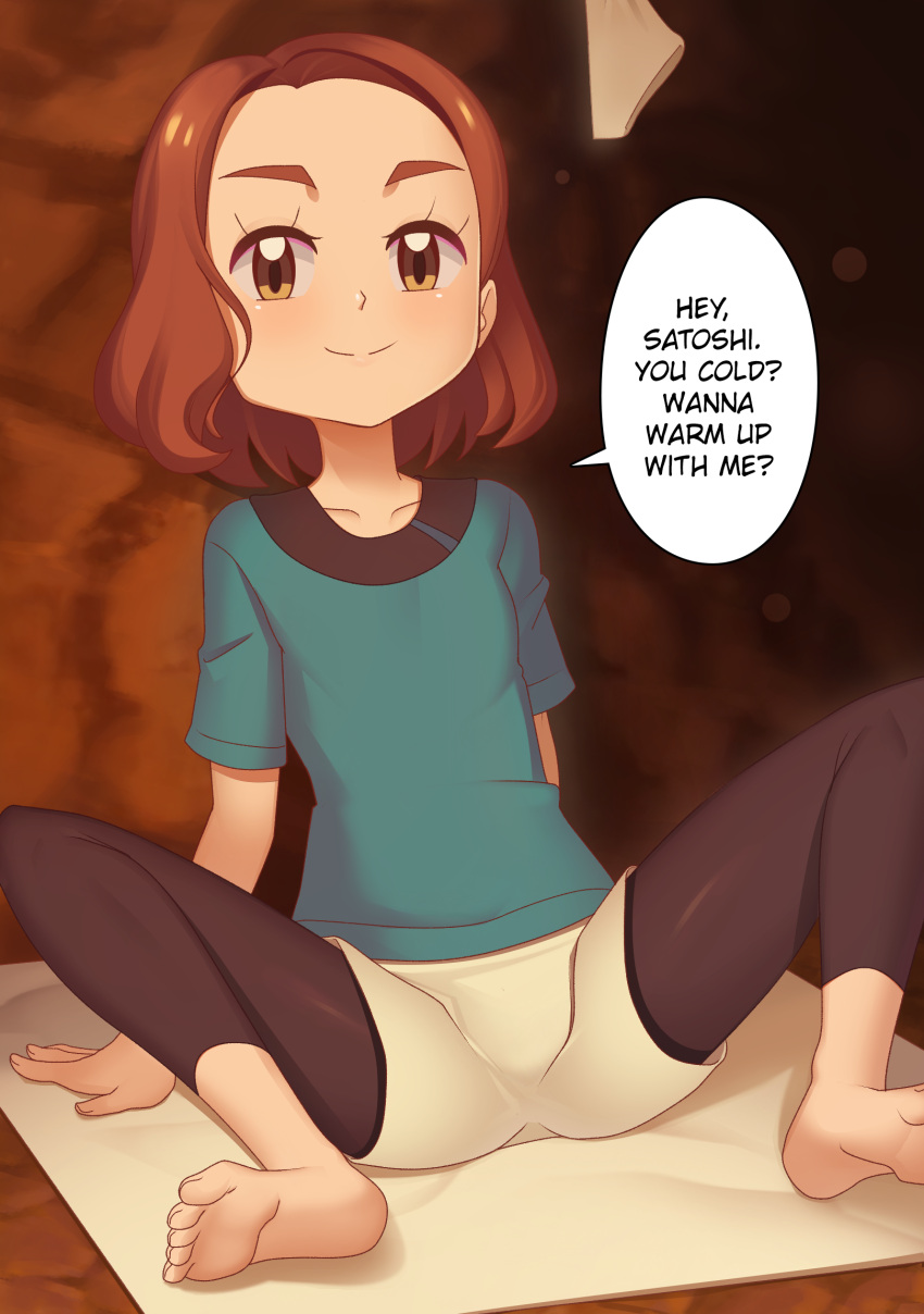 arm_support barefoot blue_shirt brown_eyes brown_hair cave_interior collarbone english_text eyelashes feet female gazing_eye highres leggings leggings_under_shorts looking_at_viewer medium_hair pokemon pokemon_(anime) pokemon_the_movie:_i_choose_you! shirt short_sleeves shorts sitting soles solo speech_bubble spread_legs t-shirt toes verity_(pokemon) white_shorts