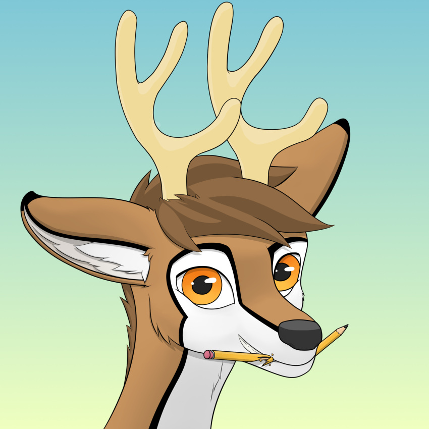 1:1 2019 ambiguous_gender anthro antlers black_nose broken_pencil brown_body brown_fur brown_hair cervine deer digital_media_(artwork) fluffybuck fluffybuck_(character) fur hair headshot_portrait hi_res horn icon looking_at_viewer mammal mouth_hold new_world_deer object_in_mouth orange_eyes pencil_(object) pencil_in_mouth portrait pupils simple_background smile solo white-tailed_deer white_body white_fur writing_utensil writing_utensil_in_mouth