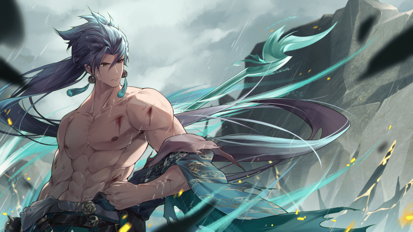 1boy absurdres bare_shoulders belt blood closed_mouth cloud cloudy_sky earrings green_hair hair_between_eyes highres injury jewelry jiusan_naitang jiyan_(wuthering_waves) male_focus muscular muscular_male nipples open_clothes outdoors ponytail rock sky solo topless_male torn_clothes wuthering_waves yellow_eyes