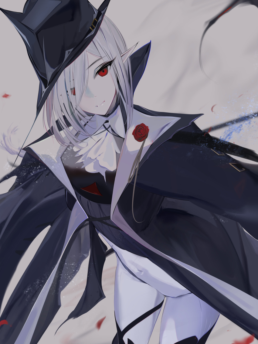 arknights ascot black_coat black_headwear bodysuit closed_mouth coat commentary covered_navel cowboy_shot female gladiia_(arknights) highres leaning_forward long_hair looking_at_viewer pointy_ears red_eyes sinoda smile solo standing thighs white_ascot white_bodysuit white_hair