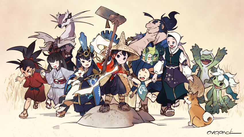 4boys 4girls animal ashigumo black_eyes black_hair canine commentary_request everyone feline full_body furry furry_male geta grey_kimono hair_rings hat headpiece highres hoe holding holding_animal holding_cat holding_hands japanese_clothes kaimaru kappa kimono kinta_(tensui_no_sakuna-hime) kokorowa-hime komainu long_hair looking_at_another mizura multiple_boys multiple_girls murayama_ryota myrthe open_mouth red_kimono rice_(plant) rice_hat sakuna-hime sandals smile tama-jii tauemon tensui_no_sakuna-hime traditional_dress waraji yui_(tensui_no_sakuna-hime)