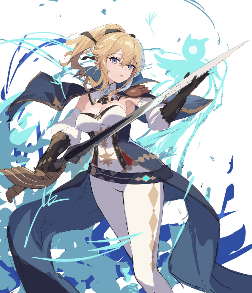 bare_shoulders black_gloves blonde_hair blue_capelet blue_eyes bow breasts capelet cleavage coattails cross cross_earrings detached_collar detached_sleeves earrings eruthika favonius_sword_(genshin_impact) female genshin_impact gloves hair_between_eyes hairbow high_ponytail highres holding holding_sword holding_weapon jean_(genshin_impact) jewelry large_breasts multicolored_capelet open_mouth pants solo standing sword tight_clothes tight_pants weapon white_background white_pants