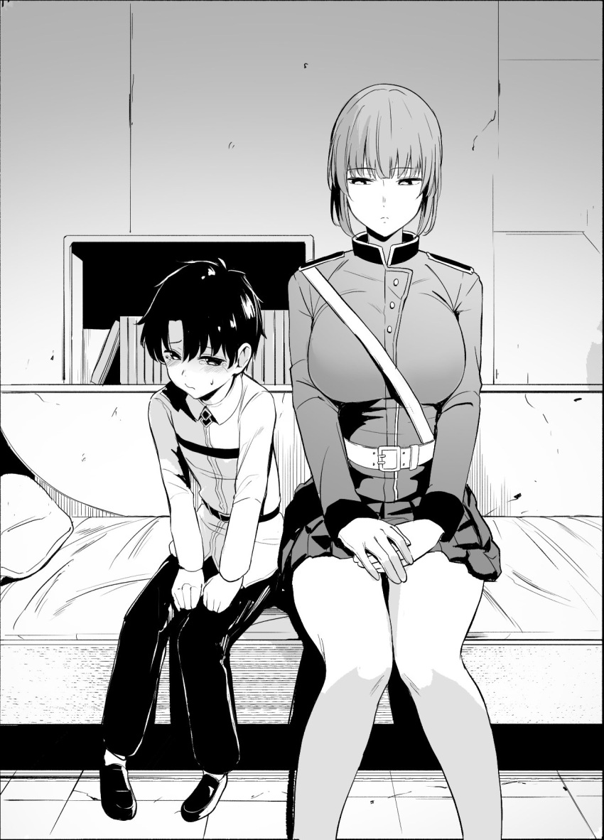 1boy age_difference breasts chaldea_uniform commentary_request fate/grand_order fate_(series) female florence_nightingale_(fate) fujimaru_ritsuka_(male) greyscale highres large_breasts legs looking_at_another manno_(kanpi2100) military military_uniform monochrome onee-shota pantyhose short_hair sitting straight uniform