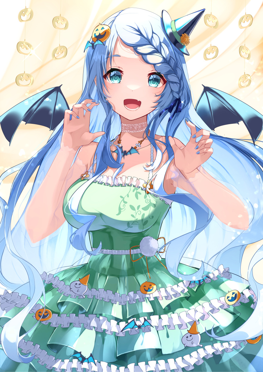 :d absurdres bare_shoulders bat_hair_ornament bat_necklace blue_eyes blue_hair blue_nails breasts choker cowboy_shot dress fangs female food-themed_hair_ornament frilled_dress frills green_dress hair_ornament hat highres indie_virtual_youtuber kokorone_hana lace lace_choker large_breasts long_hair looking_at_viewer mini_hat mini_witch_hat pumpkin_hair_ornament risumi_(taka-fallcherryblossom) skin_fangs smile solo spaghetti_strap very_long_hair virtual_youtuber witch_hat