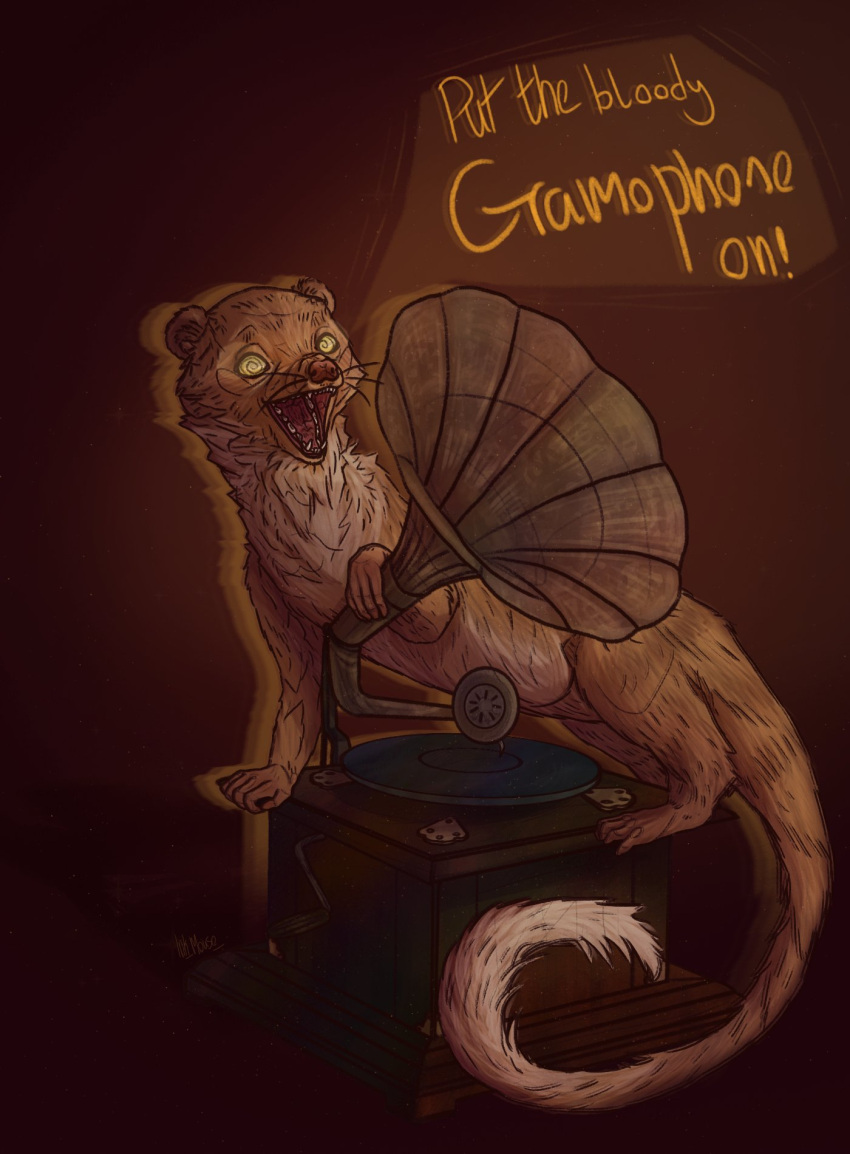 brown_body brown_fur english_text feral fur gef_the_talking_mongoose ghost gramophone herpestid hi_res ink_(artist) male mammal mongoose red_background simple_background solo speech_bubble spirit teeth text whiskers