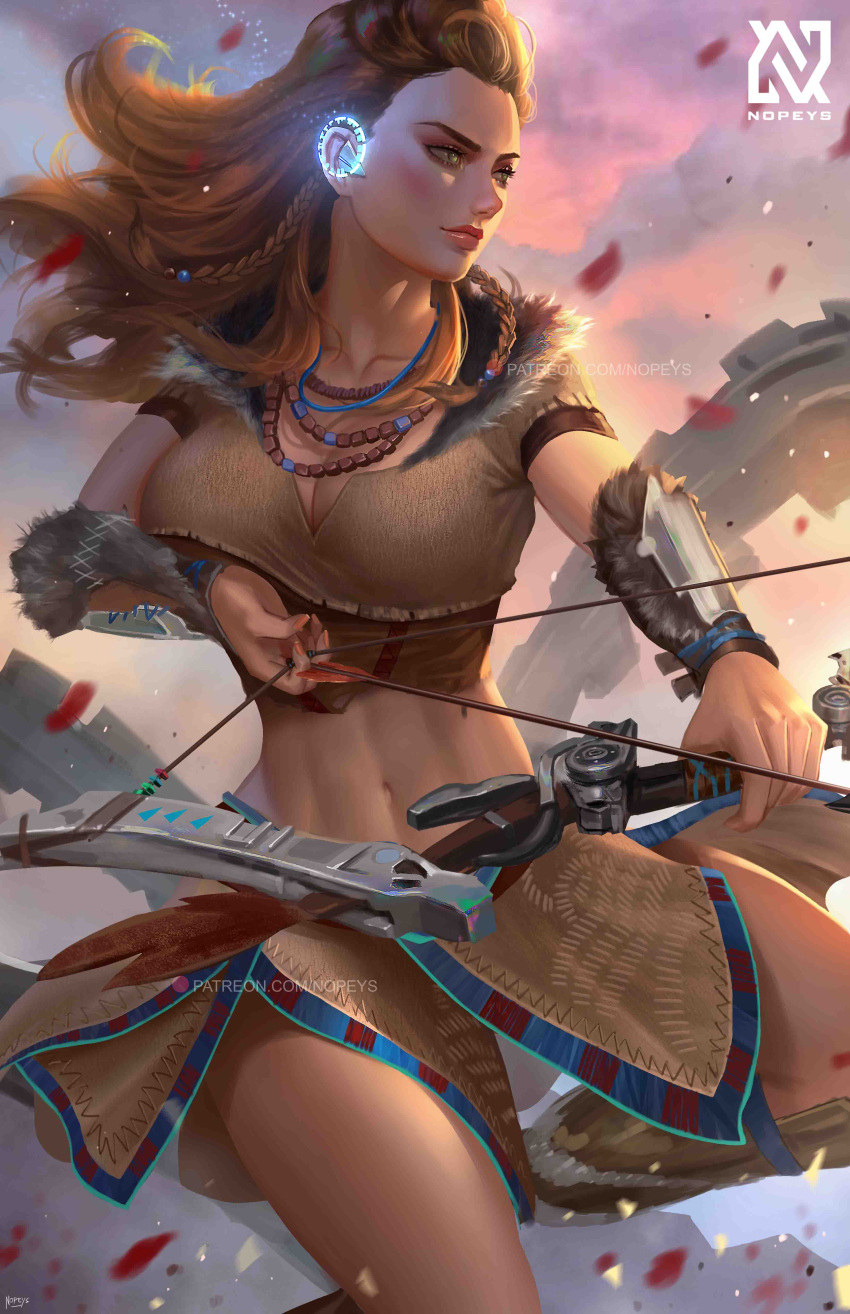 absurdres aloy_(horizon) arrow_(projectile) beads bow_(weapon) braid breasts brown_hair cleavage drawing_bow earpiece female focus_(horizon) green_eyes hair_beads hair_ornament highres holding holding_bow_(weapon) holding_weapon horizon_(video_game) horizon_zero_dawn jewelry lips long_hair medium_breasts midriff multiple_braids navel necklace nopeys realistic solo tribal watermark weapon web_address