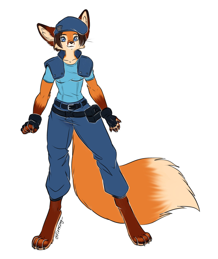 2023 absurd_res alternate_species anthro beret blue_eyes canid canine capcom clothing dipstick_tail female fizzy-dog fox fur furrification hat headgear headwear hi_res jill_valentine mammal markings orange_body orange_fur resident_evil simple_background solo tail tail_markings white_background