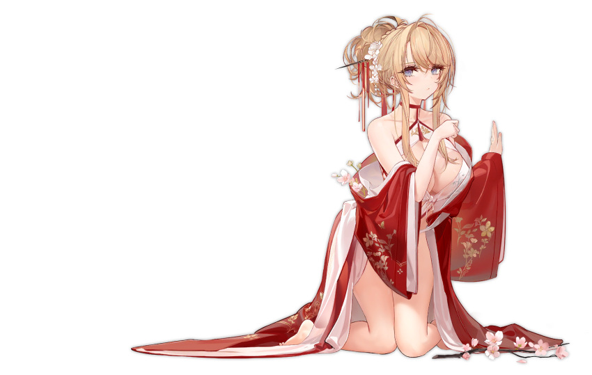 azur_lane bare_shoulders barefoot blonde_hair blue_eyes breasts chinese_clothes cleavage cleavage_cutout clothing_cutout detached_sleeves dress female flower glorious_(azur_lane) glorious_(pungent_plum)_(azur_lane) hair_flower hair_ornament hair_stick highres kincora kneeling large_breasts looking_at_viewer neck_ribbon official_alternate_costume official_art red_dress ribbon tied_hair transparent_background wide_sleeves