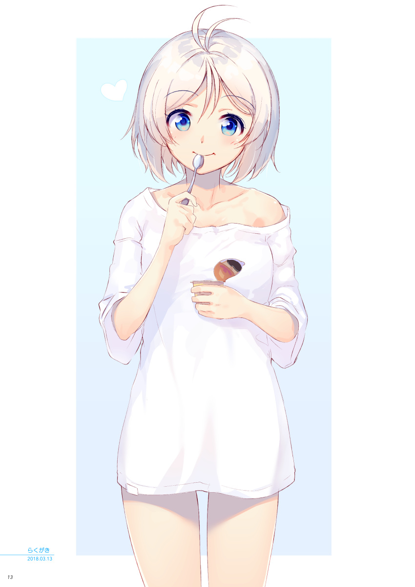 .live absurdres ahoge antenna_hair blue_background blue_eyes blush collarbone dated dennou_shoujo_siro female food head_tilt heart highres holding looking_at_viewer nijihashi_sora page_number pudding shiny_skin shirt short_hair short_sleeves simple_background solo spoon t-shirt tareme utensil_in_mouth virtual_youtuber white_hair