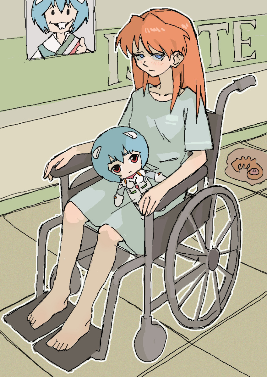 absurdres adam_(evangelion) alien andres_manuel_lopez_obrador andres_manuel_lopez_obrador_(cosplay) angel_(evangelion) ayanami_rei bad_id bad_twitter_id barefoot blue_eyes blush character_doll closed_mouth commentary cosplay embryo feet female highres hospital hospital_gown indoors long_hair looking_at_viewer mexico monster neon_genesis_evangelion orange_hair pantsu-ripper parody poster_(object) rei_chikita sad short_sleeves sitting souryuu_asuka_langley spanish_commentary wheelchair when_you_see_it