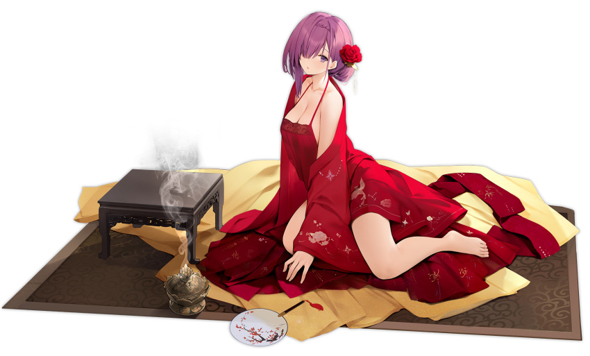 azur_lane bare_shoulders barefoot breasts carpet censer chinese_clothes cleavage dudou female flower full_body hair_bun hair_flower hair_ornament hair_over_one_eye hand_fan highres indoors lattice long_hair looking_at_viewer medium_breasts nightgown off_shoulder official_alternate_costume official_art penelope_(azur_lane) penelope_(ruby-red_boudoir)_(azur_lane) purple_eyes purple_hair red_flower single_hair_bun sitting smoke solo suisai_(suisao) table transparent_background tuanshan wide_sleeves yokozuwari