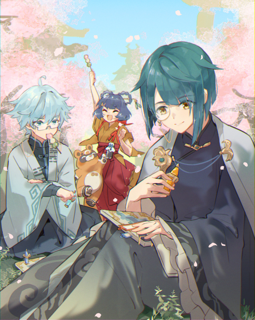 2boys ahoge alternate_costume bad_id bad_pixiv_id bespectacled blue_eyes blue_hair book braid braided_hair_rings cherry_blossoms chongyun_(genshin_impact) closed_eyes commentary_request dango dark_blue_hair female food genshin_impact glasses guoba_(genshin_impact) hair_rings highres japanese_clothes light_blue_hair monocle multiple_boys open_mouth short_hair smile wagashi xiangling_(genshin_impact) xingqiu_(aoi_no_okina)_(genshin_impact) xingqiu_(genshin_impact) yellow_eyes yoco_n