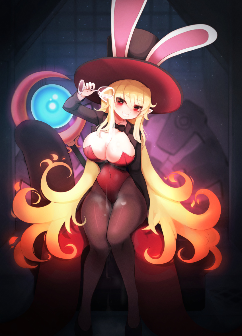 absurdres animal_ears blonde_hair bow breasts cleavage commentary_request cup curvy dungeon_and_fighter female fortuneteller_rosaura hat heart heart-shaped_pupils highres holding holding_cup hwaryeok korean_commentary large_breasts leotard looking_at_viewer pantyhose playboy_bunny pouring pouring_onto_self rabbit_ears red_eyes red_leotard sitting smile solo staff star_(sky) symbol-shaped_pupils thighs upper_body window