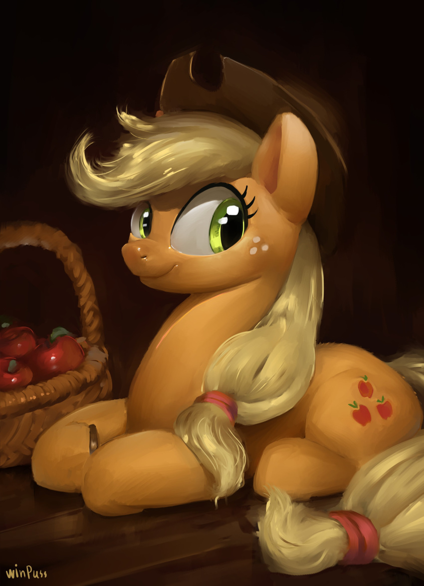 2022 absurd_res accessory apple applejack_(mlp) basket blonde_hair blonde_mane clothing container cowboy_hat cutie_mark digital_media_(artwork) earth_pony equid equine eyelashes female feral food freckles friendship_is_magic fruit fur furgonomics green_eyes hair hair_accessory hasbro hat headgear headwear hi_res horse lying mammal mane my_little_pony orange_body orange_fur plant pony smile solo tail tail_accessory winpuss yellow_tail