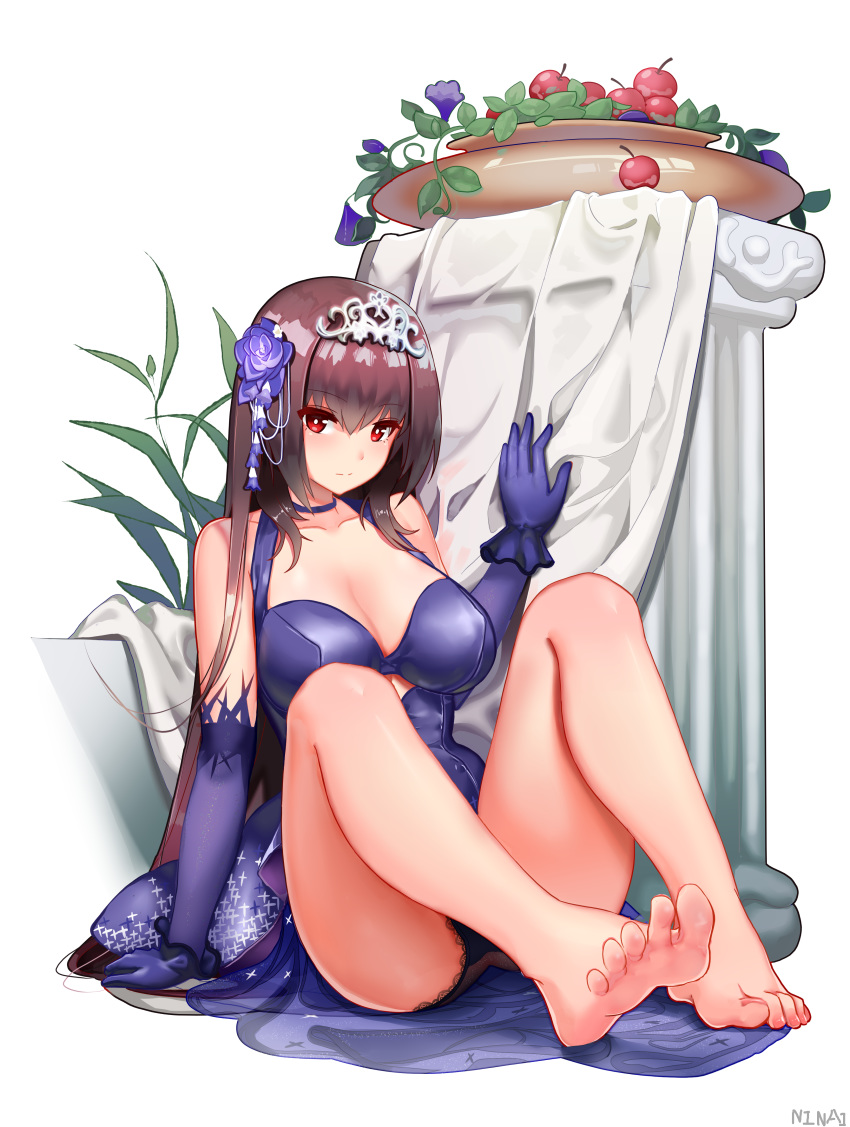 absurdres bare_shoulders barefoot blush breasts cherry choker cleavage closed_mouth collarbone dress elbow_gloves fate/grand_order fate_(series) feet female flower food fruit full_body gloves hair_flower hair_ornament highres knees_up large_breasts legs long_hair looking_at_viewer ninai panties pot purple_dress purple_gloves purple_hair purple_panties red_eyes scathach_(fate) scathach_(formal_dress)_(fate) simple_background sitting soles tiara toes underwear white_background