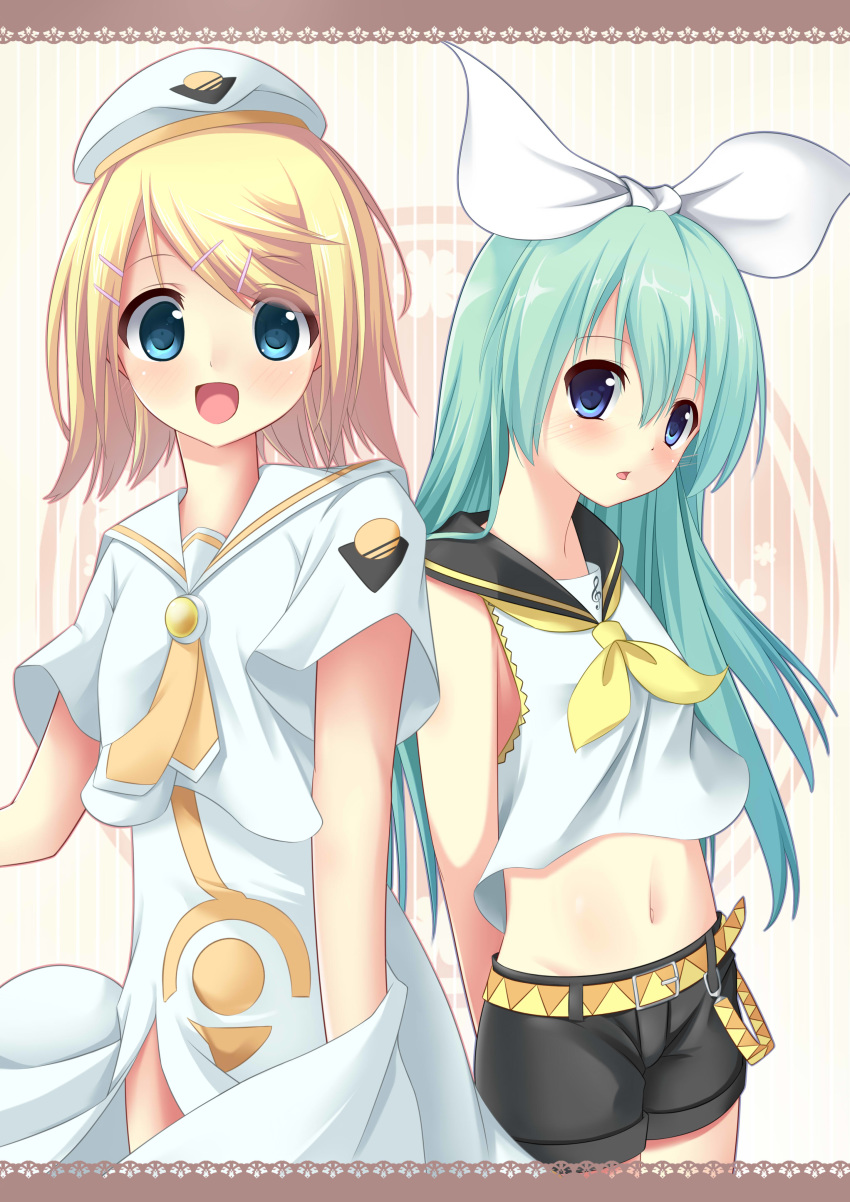 2girls absurdres alice_carroll alice_carroll_(cosplay) aria_(manga) bananatsukis beret blonde_hair blouse blush bow commentary cosplay costume_switch cowboy_shot crop_top crossover dress green_hair hairbow hat highres kagamine_rin kagamine_rin_(cosplay) long_dress looking_at_viewer multiple_girls neckerchief orange_planet_uniform sailor_collar shirt shorts smile vocaloid white_dress white_headwear white_shirt yellow_neckerchief