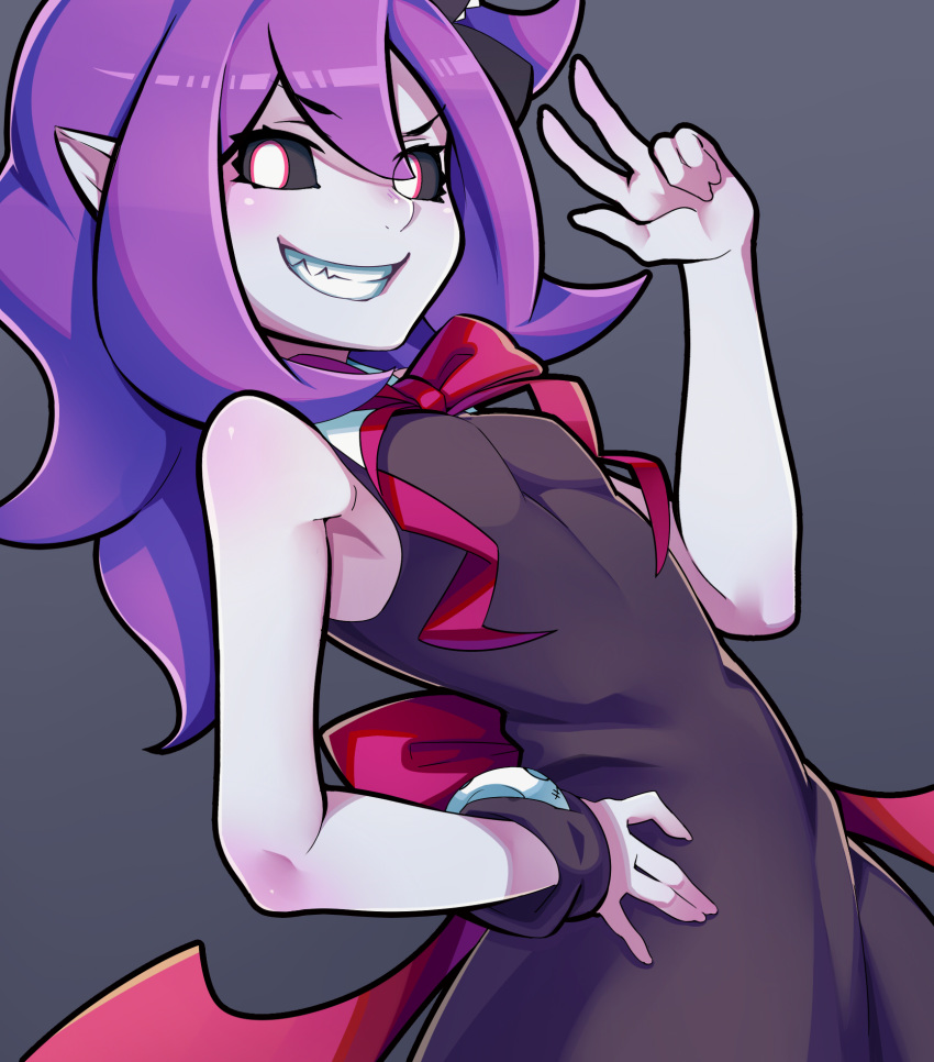 black_dress black_sclera breasts colored_sclera colored_skin demon_girl dress female highres long_hair looking_at_viewer musume_(yuunama) open_mouth pointy_ears purple_hair purple_skin simple_background sleeveless sleeveless_dress smile solo yuusha_no_kuse_ni_namaiki_da yuuten