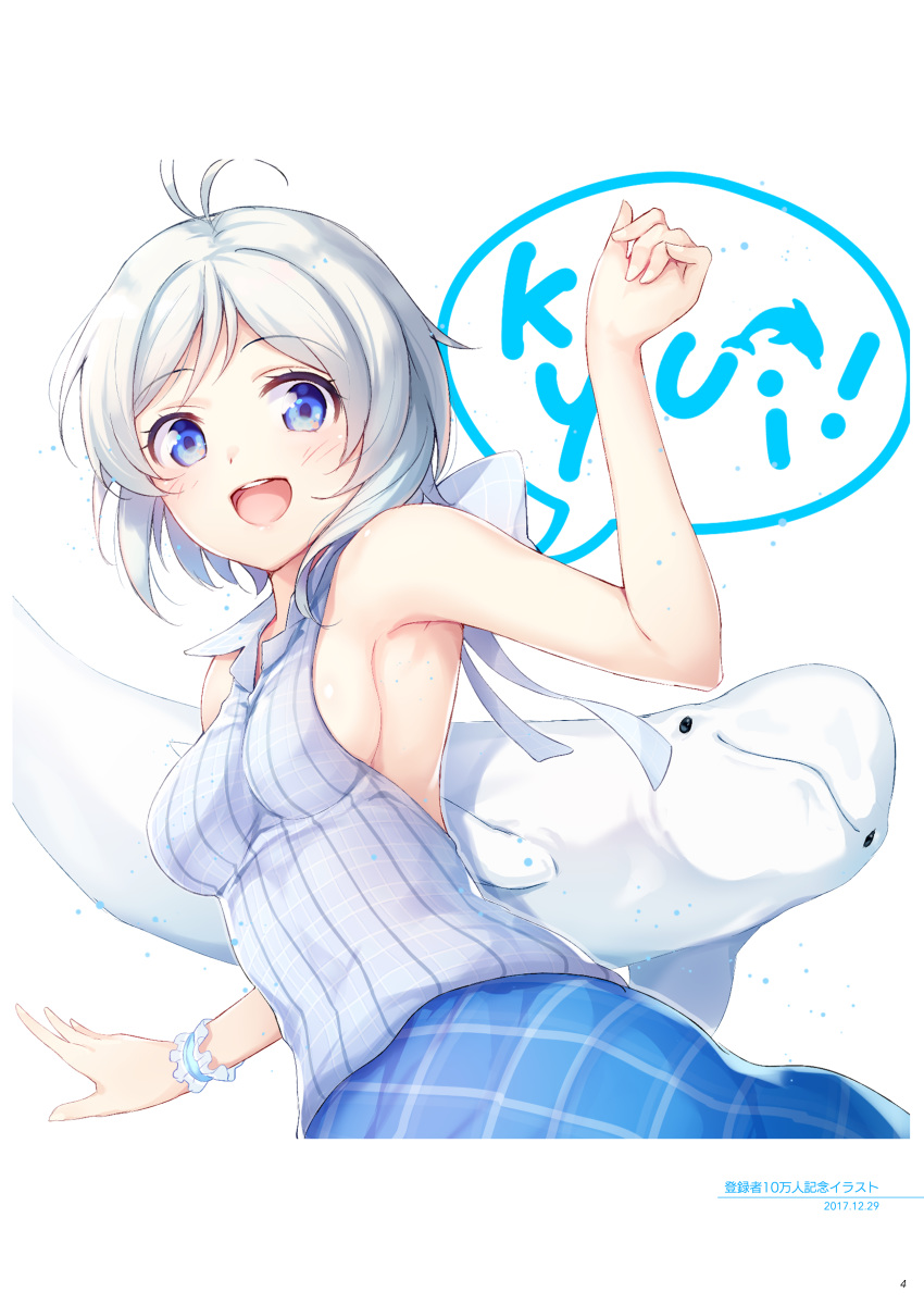 .live :d absurdres ahoge animal antenna_hair armpits bare_shoulders beluga_whale blue_eyes blue_skirt blush breasts dated dennou_shoujo_siro dolphin female hand_up highres looking_at_viewer medium_breasts nijihashi_sora open_mouth page_number plaid plaid_shirt plaid_skirt shiny_skin shirt short_hair sideboob simple_background skirt sleeveless sleeveless_shirt smile solo speech_bubble striped vertical_stripes virtual_youtuber white_background white_hair wing_collar wrist_cuffs