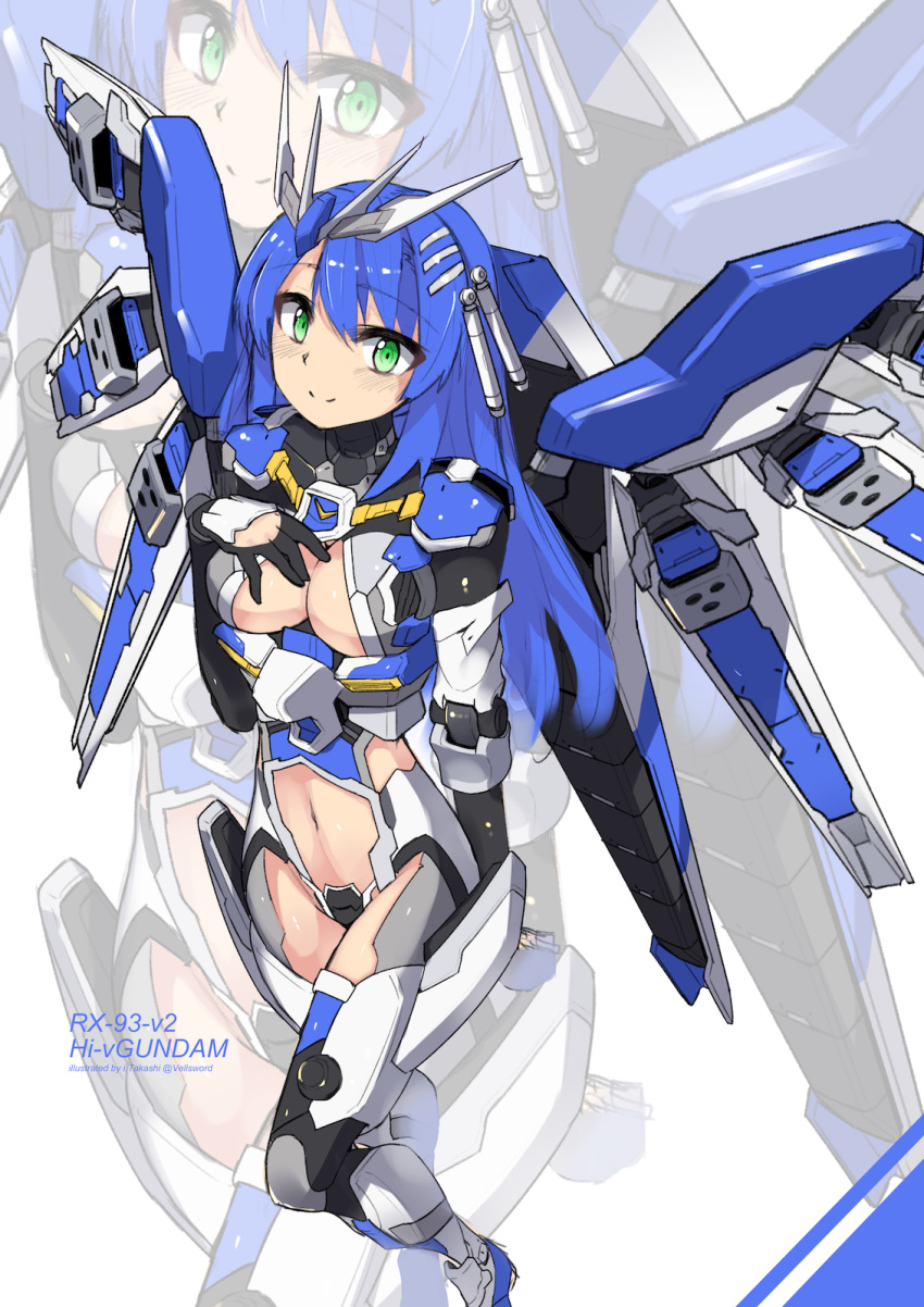 blue_hair breasts char's_counterattack char's_counterattack_-_beltorchika's_children cleavage clothing_cutout commentary female fin_funnels from_above green_eyes gundam hand_on_own_chest hi-nu_gundam highres humanization i.takashi long_hair looking_at_viewer looking_up mecha_musume mechanical_wings science_fiction solo stomach_cutout v-fin wings