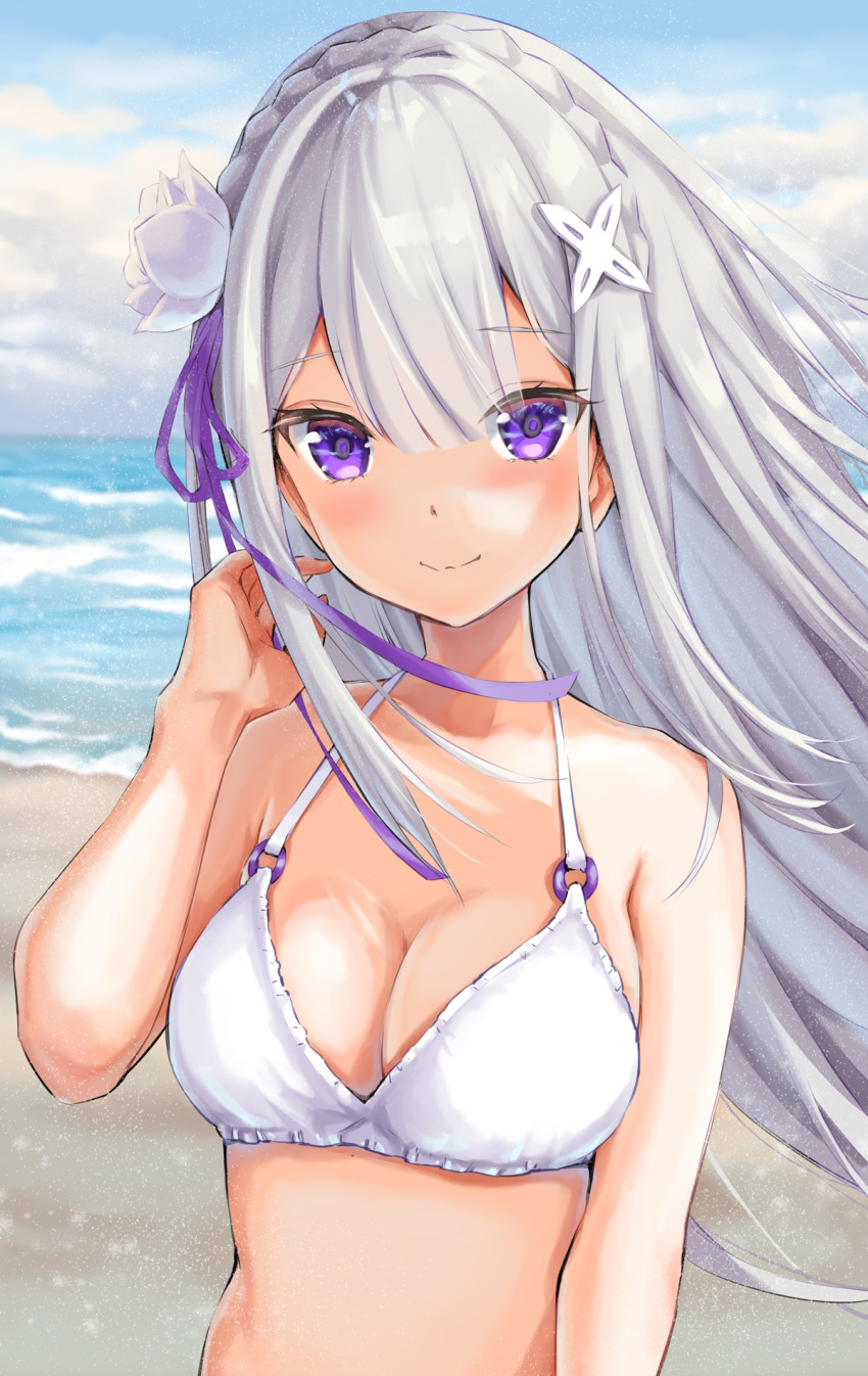 alternate_costume bare_shoulders beach bikini blush braid breasts cleavage collarbone commentary emilia_(re:zero) female flower grey_hair hair_flower hair_ornament hair_ribbon hand_up highres large_breasts long_hair outdoors purple_eyes purple_ribbon re:zero_kara_hajimeru_isekai_seikatsu ribbon smile solo swimsuit tarunyan upper_body white_bikini white_flower x_hair_ornament