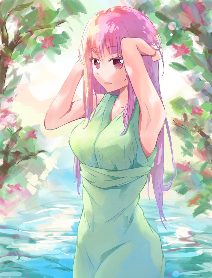 alternate_costume armpits arms_behind_head arms_up branch breasts collarbone commentary day dress female flower green_dress highres hololive hololive_english long_hair looking_at_viewer looking_to_the_side mori_calliope open_mouth outdoors pink_flower pink_hair red_eyes shironekokfp sky solo standing tree virtual_youtuber water