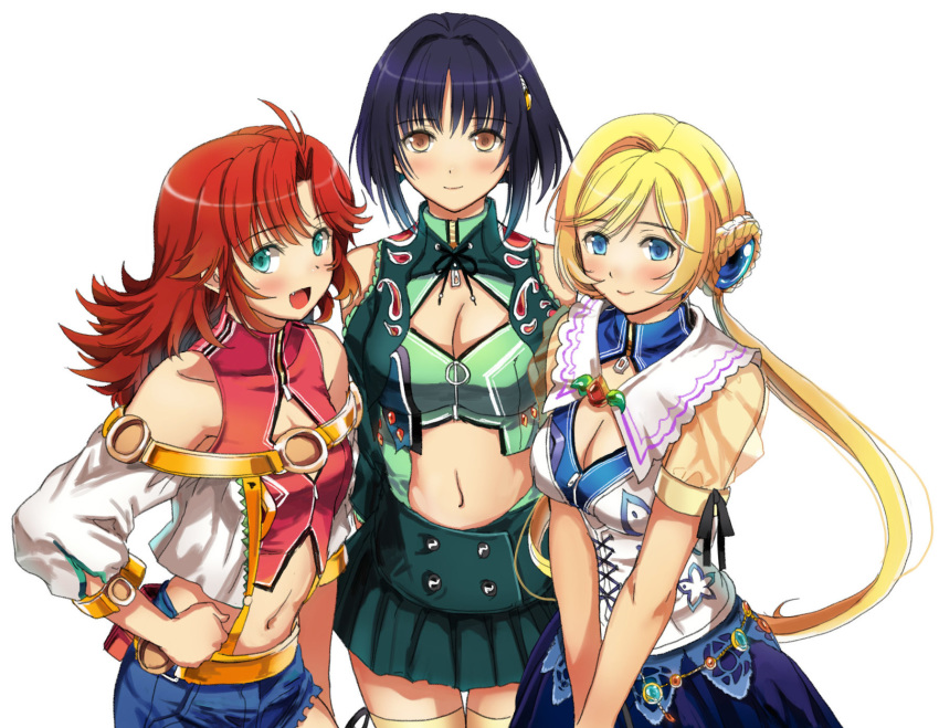 3girls black_eyes blonde_hair blue_eyes breasts brown_eyes cleavage clothing_cutout commentary_request crop_top double_bun festenia_muse garimpeiro gimp_(medium) green_eyes hair_bun highres katia_grineal long_hair medium_hair melua_melna_meia midriff multiple_girls open_hand red_hair short_hair stomach_cutout super_robot_wars super_robot_wars_judgement super_robot_wars_og_moon_dwellers super_robot_wars_original_generation thighhighs twintails white_background