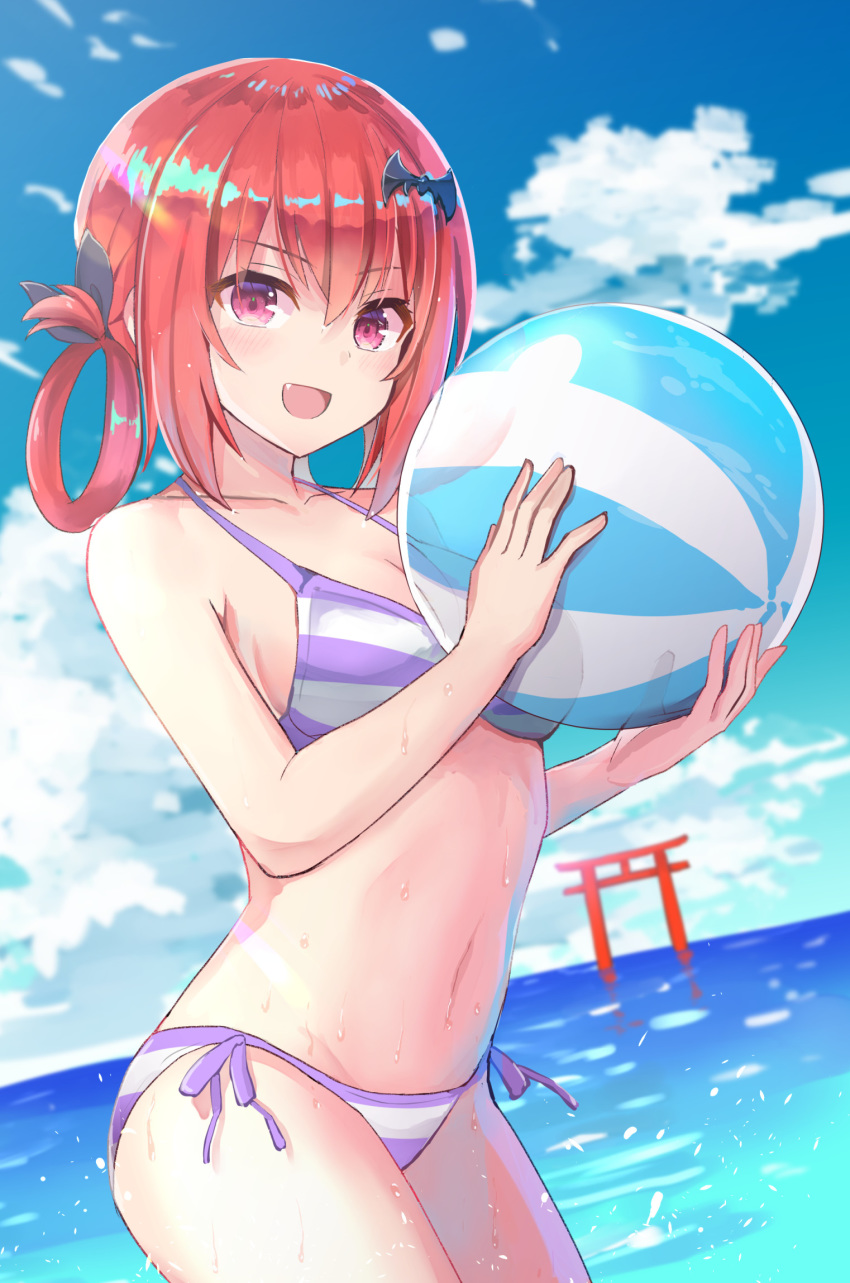 :d ball beachball bikini breasts cleavage cloud day dutch_angle female gabriel_dropout hair_ornament hair_ribbon hair_rings highres holding holding_ball holding_beachball medium_breasts navel ocean oerba_yun_fang open_mouth outdoors red_eyes red_hair ribbon satanichia_kurumizawa_mcdowell sidelocks sky smile striped_bikini striped_clothes swimsuit tenma-gav torii wet