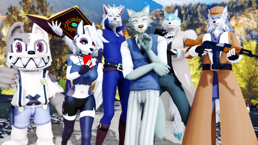 16:9 3d_(artwork) animate_inanimate anthro beastars blue_body blue_eyes blue_fur blue_hair brand_new_animal canid canid_demon canine canis clothing collar demon digital_media_(artwork) fate_(series) female fur gleipnir grey_body grey_fur group hair hat headgear headwear helluva_boss hi_res legoshi_(beastars) living_clothing long_hair looking_at_viewer loona_(aeridiccore) loona_(helluva_boss) male malicekira mammal mikumikudance_(artwork) patxi_(fate) pretty_cure red_sclera shirou_ogami shuichi_kagaya smile_pretty_cure studio_trigger tuft type-moon white_body white_fur white_hair widescreen wolf wolfrun yaga