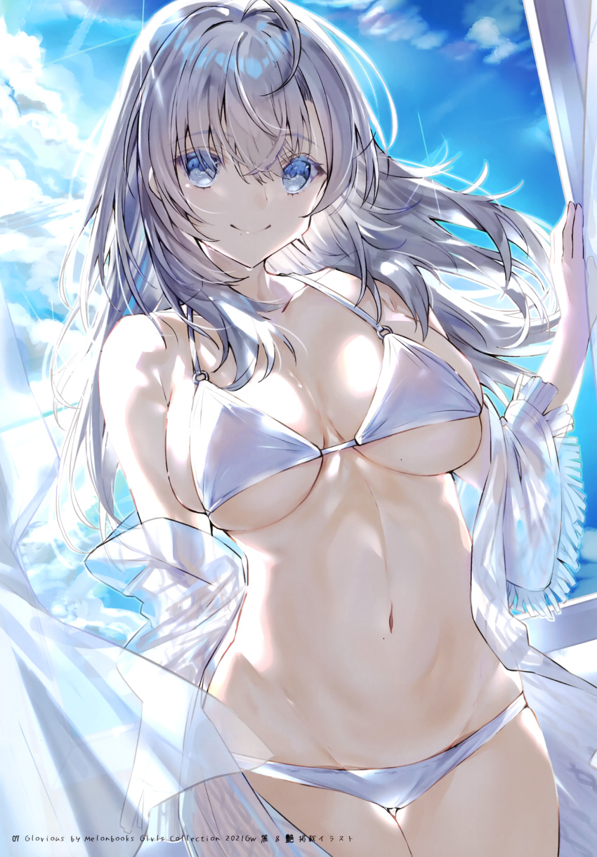 absurdres bare_shoulders bikini blue_eyes blue_sky blush breasts closed_mouth cloud cloudy_sky collarbone female hand_up highres kou_mashiro large_breasts long_hair looking_at_viewer mole mole_on_breast mole_under_mouth navel o-ring o-ring_bikini original page_number scan simple_background sky solo stomach swimsuit white_bikini white_hair window