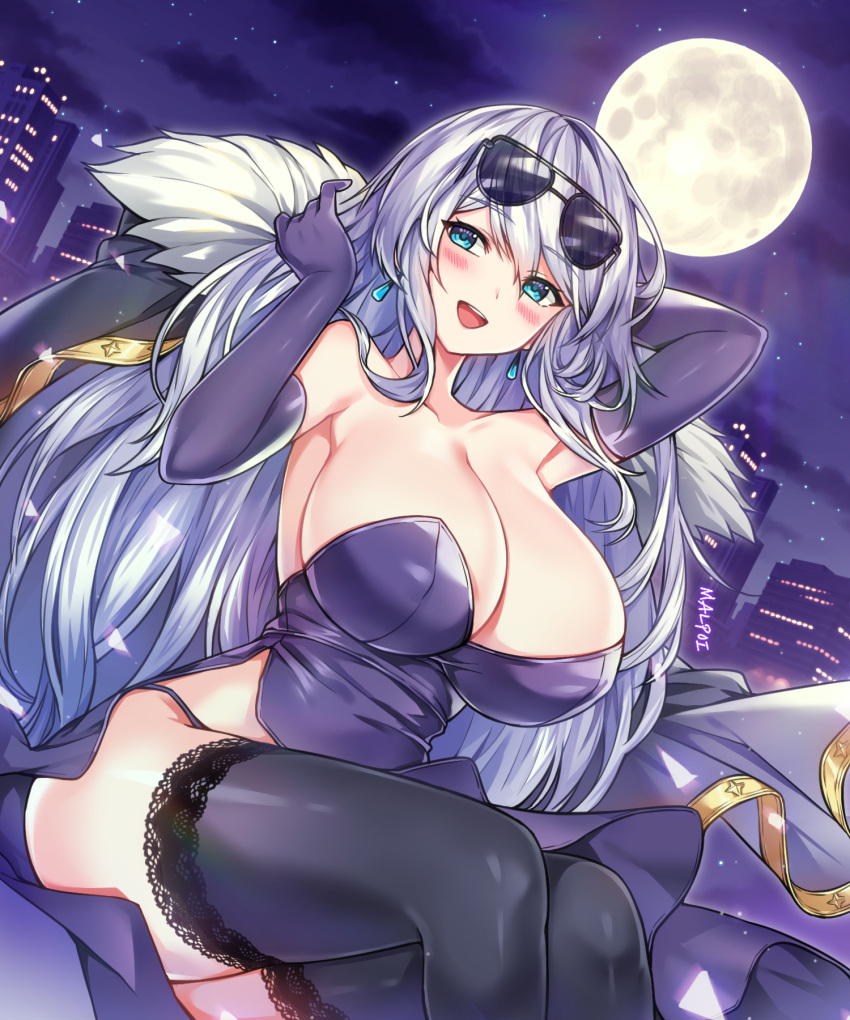 :d arm_up armpits bare_shoulders black_coat black_thighhighs blue_eyes breasts cleavage coat cocktail_dress dress earrings elbow_gloves elsword eyewear_on_head female full_moon fur_collar gloves hand_up highres jewelry large_breasts long_hair looking_at_viewer mal_poi moon no_bra panties purple_dress purple_gloves side_slit sitting smile solo strapless strapless_dress string_panties sunglasses thighhighs thighs underwear very_long_hair white_hair