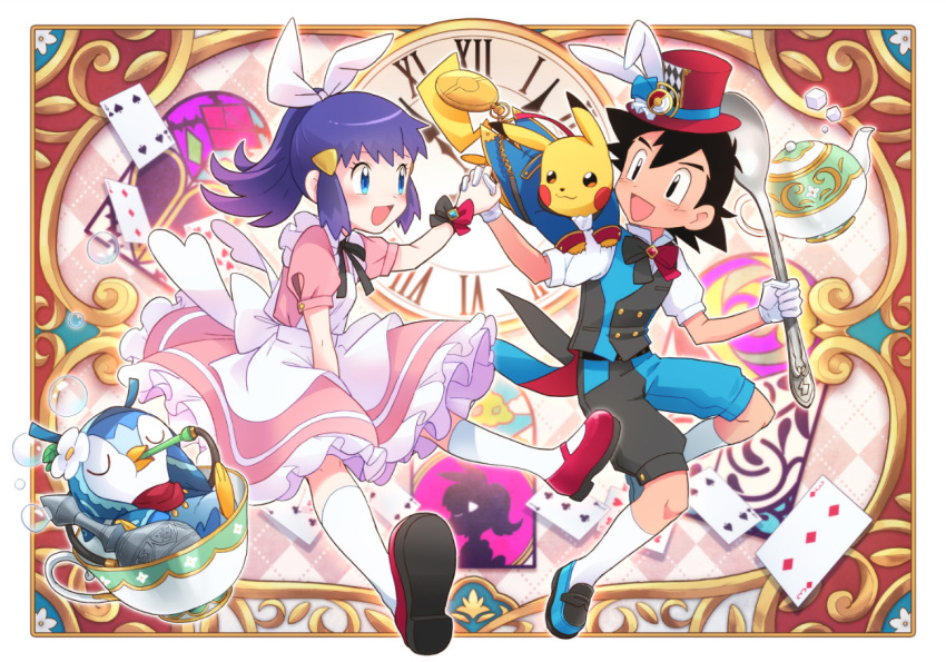 1boy :d apron black_hair blue_eyes blush buttons card clothed_pokemon commentary cup dawn_(pokemon) dododo_dadada dress eye_contact female hair_ornament hairclip hand_grab hat holding holding_spoon knees looking_at_another mouth_hold open_mouth pikachu pink_dress piplup playing_card pokemon pokemon_(anime) pokemon_(creature) pokemon_dppt_(anime) pokemon_on_arm puffy_shorts red_headwear satoshi_(pokemon) shoes short_sleeves shorts sidelocks smile socks spoon teacup teapot tongue top_hat vest white_legwear