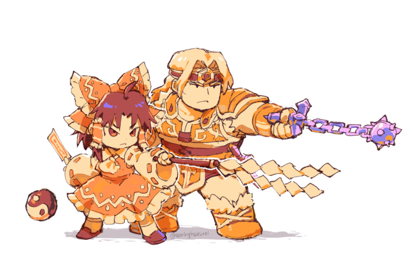 1boy ahoge akiyoku armor attack between_fingers boots bow bracer brown_hair castlevania chibi commentary cravat crossover detached_sleeves english_commentary female flail frilled_skirt frills frown full_body fur-trimmed_boots fur_trim gohei hair_ornament hairbow hakurei_reimu headband holding holding_weapon limited_palette long_sleeves medium_hair morning_star ofuda orb outstretched_arm red_shirt red_skirt shirt shoes shoulder_armor simon_belmont simple_background skirt touhou twitter_username v-shaped_eyebrows weapon white_background wide_sleeves yin_yang yin_yang_orb