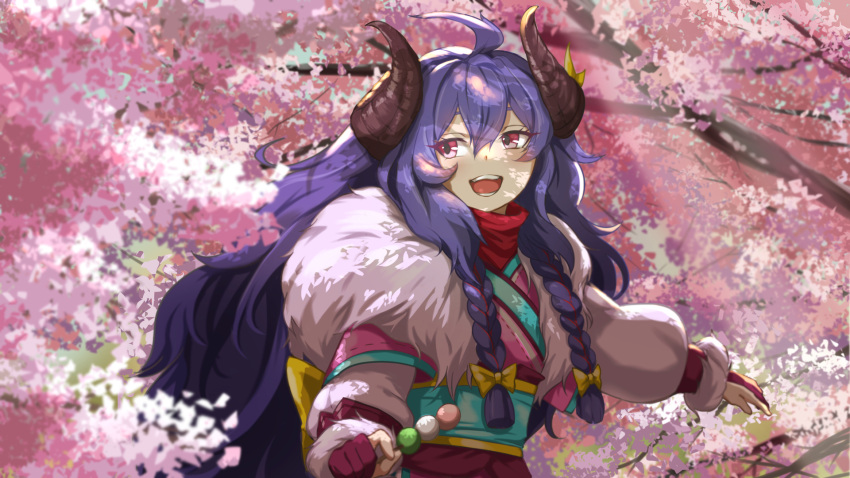 :d ahoge baisonhakusyaku bow braid cherry_blossoms female fur_trim gloves hairbow highres horns japanese_clothes kimono kindred_(league_of_legends) lamb_(league_of_legends) league_of_legends long_hair long_sleeves no_mask pink_eyes pink_gloves ribbon-trimmed_kimono sideways_glance smile spirit_blossom_kindred teeth tongue twin_braids upper_body yellow_bow