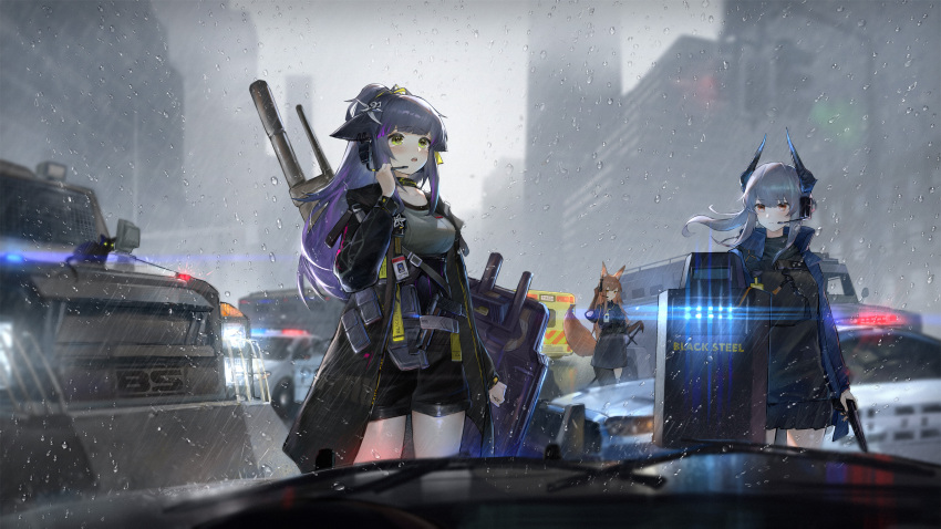 3girls ambulance animal_ear_fluff animal_ears arknights armored_vehicle ballistic_shield black_cat black_dress black_shorts black_skirt black_sleeves blacksteel_worldwide_(arknights) blue_hair blue_sleeves breasts brown_eyes brown_hair brown_sleeves cannon car cat_ears cat_girl cityscape closed_mouth collarbone dragon_girl dragon_horns dragon_tail dress feline fox_ears fox_girl fox_tail franka_(arknights) green_eyes grey_hair grey_jacket gun hair_ornament handgun headset highres holding holding_gun holding_shield holding_weapon horns id_card jacket jessica_(arknights) jessica_the_liberated_(arknights) kulianrentizhong light liskarm_(arknights) long_hair long_sleeves motor_vehicle multiple_girls open_mouth outdoors police_car purple_hair rain scenery shield shorts skirt sky standing sword tail tearing_up truck weapon