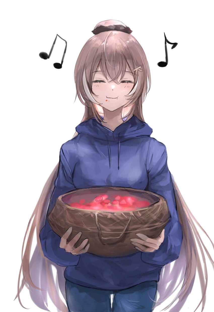 alternate_costume basket berry brown_hair chan1moon closed_eyes closed_mouth commentary female food hashtag-only_commentary highres holding holding_basket hololive hololive_english hood long_hair long_sleeves musical_note nanashi_mumei ponytail simple_background smile solo virtual_youtuber white_background