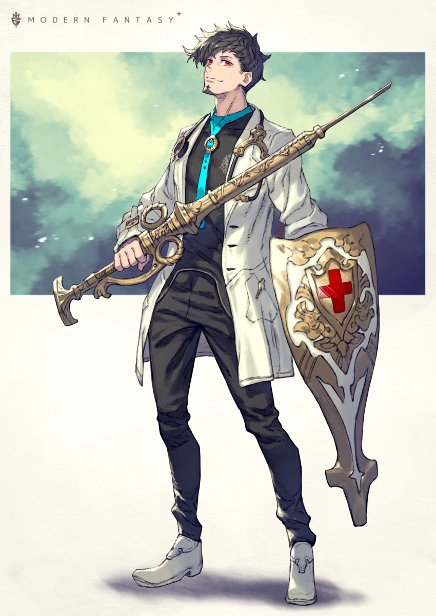 1boy bad_id bad_pixiv_id black_hair black_pants closed_mouth coat doctor english_text facial_hair full_body goatee head_tilt highres holding holding_syringe holding_weapon kusano_shinta lab_coat large_syringe looking_at_viewer male_focus necktie open_clothes open_coat orange_eyes original oversized_object pants pen_in_pocket shield shoes simple_background smile solo standing stethoscope symbol syringe weapon