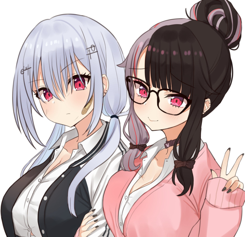 2girls alternate_costume alternate_hairstyle arm_hug bandaid bandaid_on_face bespectacled black-framed_eyewear black_bow black_hair black_jacket blunt_bangs blush bow breasts bruise button_gap cardigan choco_tanuki collar collared_shirt dress_shirt glasses grey_hair hair_between_eyes hair_bun hair_over_eyes hair_over_shoulder hairbow hakase_fuyuki highres injury jacket large_breasts long_hair long_sleeves looking_at_viewer low_twintails multicolored_clothes multicolored_hair multicolored_jacket multiple_girls nijisanji pink_cardigan red_eyes red_hair shirt simple_background single_hair_bun sleeves_past_wrists smile split-color_hair streaked_hair twintails two-tone_hair two-tone_jacket upper_body v virtual_youtuber white_background white_jacket white_shirt yorumi_rena